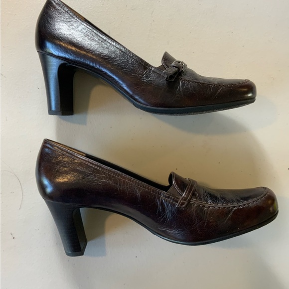 Paul Green Munchen Handmade Chocolate brown leather square toe loafer heels 6.5 - Picture 1 of 11